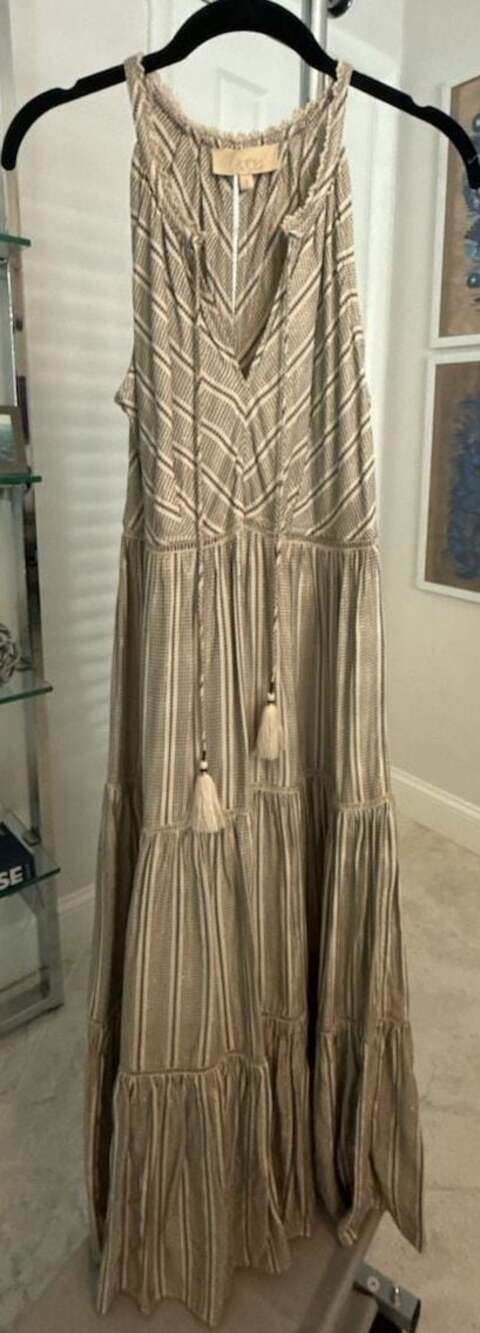 Love the Label Striped Tiered Maxi Dress with Tassel Detail and Gold Metallic Th